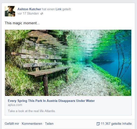 Quelle: Facebook, Post Ashton Kutcher Grüner See Tragöss